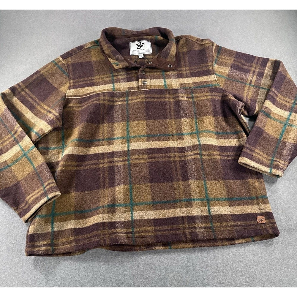 John Wayne Classic Brown Plaid Snap Collar Fleece Pullover Mens XL Fall Harvest
